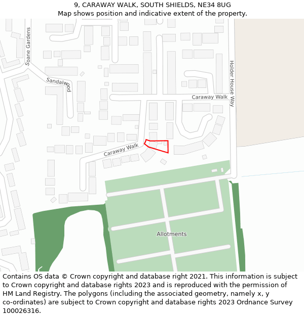 9, CARAWAY WALK, SOUTH SHIELDS, NE34 8UG: Location map and indicative extent of plot