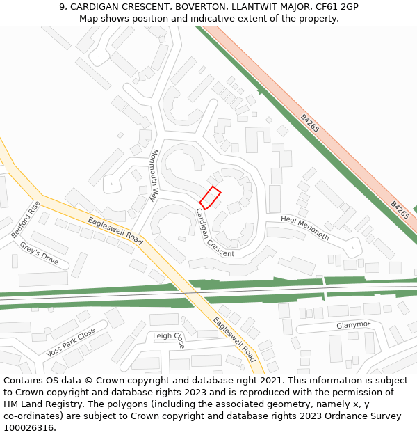 9, CARDIGAN CRESCENT, BOVERTON, LLANTWIT MAJOR, CF61 2GP: Location map and indicative extent of plot