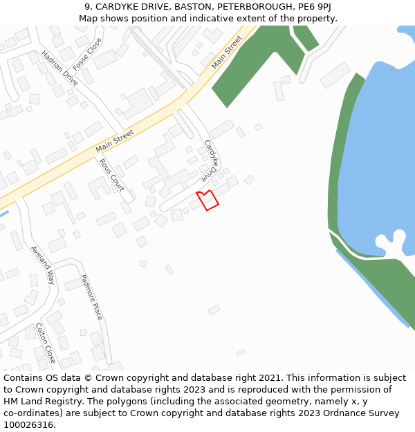 9, CARDYKE DRIVE, BASTON, PETERBOROUGH, PE6 9PJ: Location map and indicative extent of plot