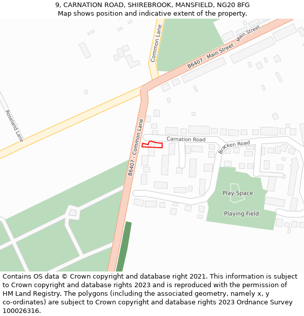 9, CARNATION ROAD, SHIREBROOK, MANSFIELD, NG20 8FG: Location map and indicative extent of plot