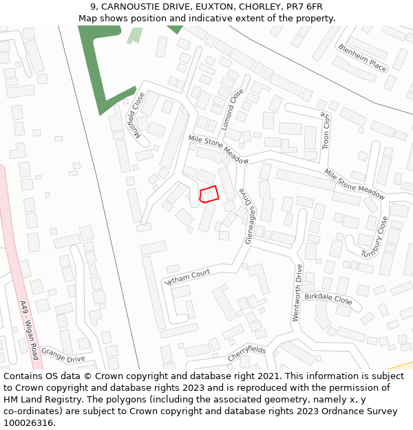 9, CARNOUSTIE DRIVE, EUXTON, CHORLEY, PR7 6FR: Location map and indicative extent of plot