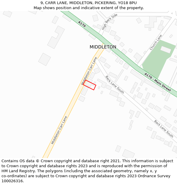 9, CARR LANE, MIDDLETON, PICKERING, YO18 8PU: Location map and indicative extent of plot