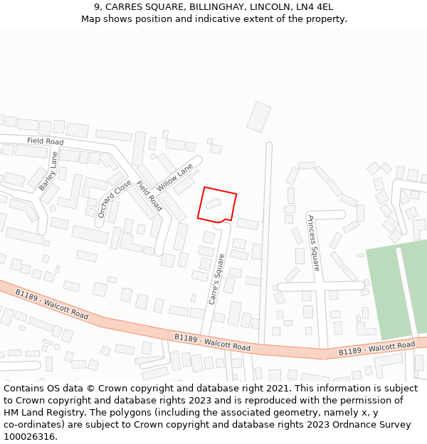 9, CARRES SQUARE, BILLINGHAY, LINCOLN, LN4 4EL: Location map and indicative extent of plot