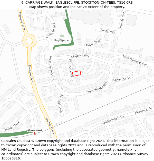 9, CARRIAGE WALK, EAGLESCLIFFE, STOCKTON-ON-TEES, TS16 0RS: Location map and indicative extent of plot