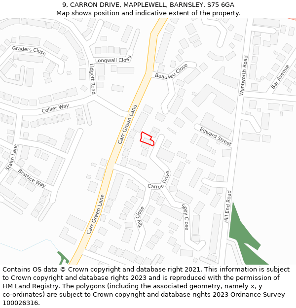 9, CARRON DRIVE, MAPPLEWELL, BARNSLEY, S75 6GA: Location map and indicative extent of plot