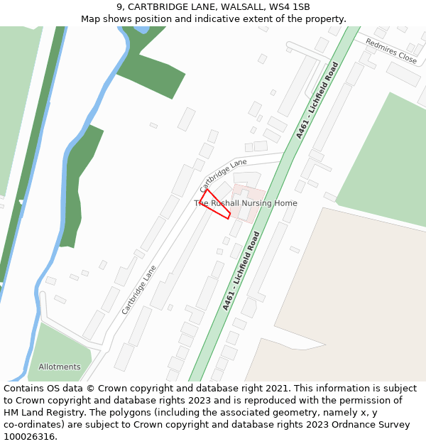 9, CARTBRIDGE LANE, WALSALL, WS4 1SB: Location map and indicative extent of plot