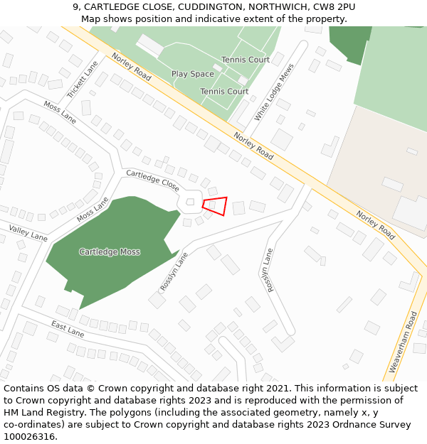 9, CARTLEDGE CLOSE, CUDDINGTON, NORTHWICH, CW8 2PU: Location map and indicative extent of plot