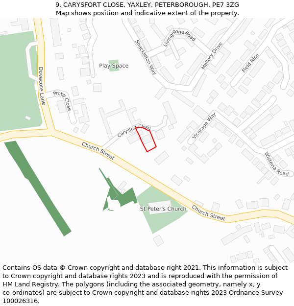 9, CARYSFORT CLOSE, YAXLEY, PETERBOROUGH, PE7 3ZG: Location map and indicative extent of plot