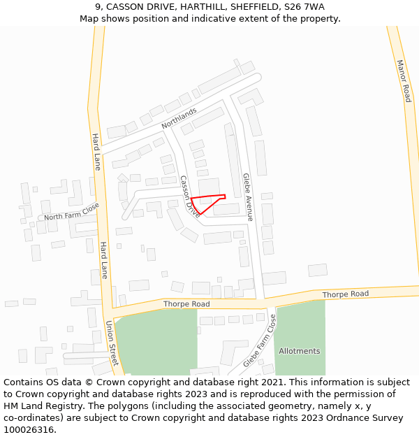 9, CASSON DRIVE, HARTHILL, SHEFFIELD, S26 7WA: Location map and indicative extent of plot