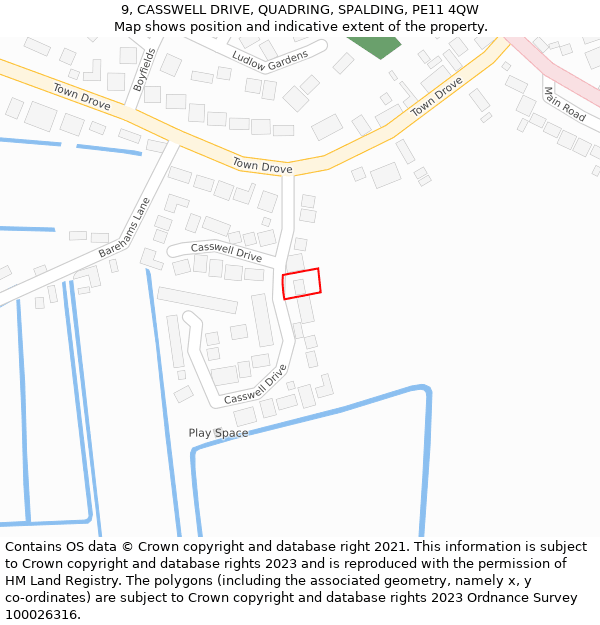 9, CASSWELL DRIVE, QUADRING, SPALDING, PE11 4QW: Location map and indicative extent of plot