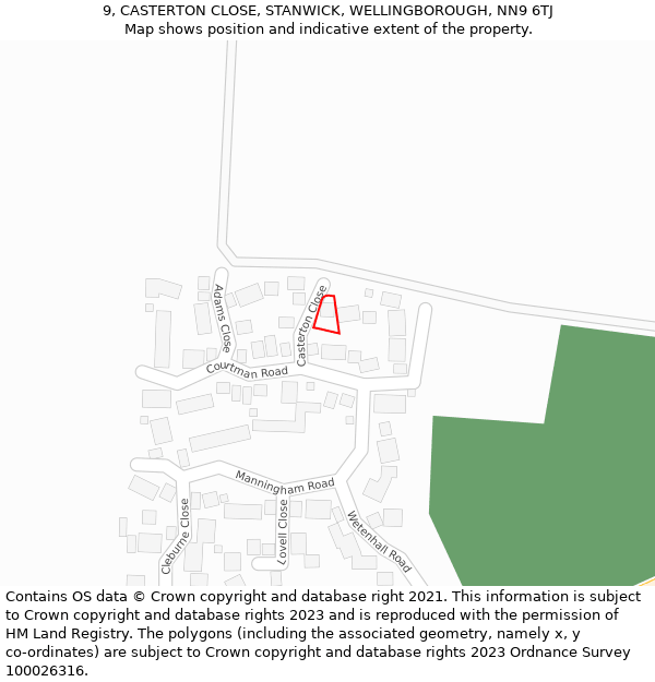 9, CASTERTON CLOSE, STANWICK, WELLINGBOROUGH, NN9 6TJ: Location map and indicative extent of plot