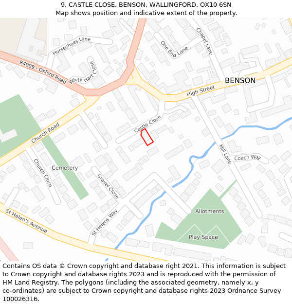 9, CASTLE CLOSE, BENSON, WALLINGFORD, OX10 6SN: Location map and indicative extent of plot