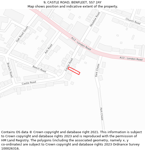 9, CASTLE ROAD, BENFLEET, SS7 2AY: Location map and indicative extent of plot