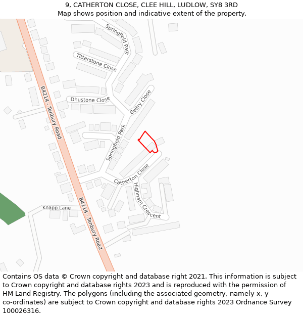 9, CATHERTON CLOSE, CLEE HILL, LUDLOW, SY8 3RD: Location map and indicative extent of plot