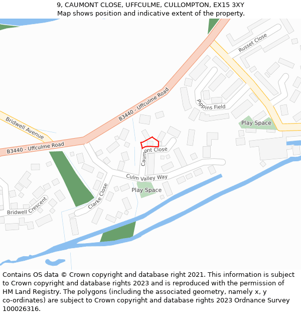 9, CAUMONT CLOSE, UFFCULME, CULLOMPTON, EX15 3XY: Location map and indicative extent of plot