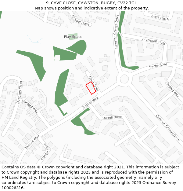 9, CAVE CLOSE, CAWSTON, RUGBY, CV22 7GL: Location map and indicative extent of plot