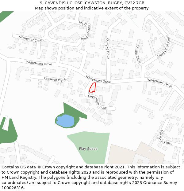 9, CAVENDISH CLOSE, CAWSTON, RUGBY, CV22 7GB: Location map and indicative extent of plot