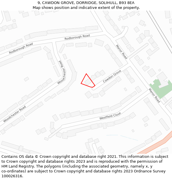 9, CAWDON GROVE, DORRIDGE, SOLIHULL, B93 8EA: Location map and indicative extent of plot