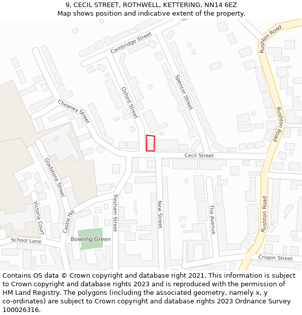 9, CECIL STREET, ROTHWELL, KETTERING, NN14 6EZ: Location map and indicative extent of plot