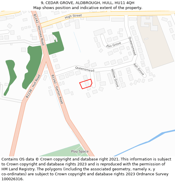 9, CEDAR GROVE, ALDBROUGH, HULL, HU11 4QH: Location map and indicative extent of plot