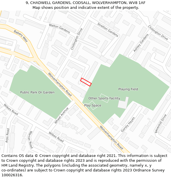 9, CHADWELL GARDENS, CODSALL, WOLVERHAMPTON, WV8 1AF: Location map and indicative extent of plot