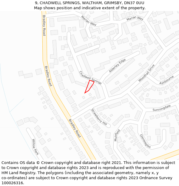 9, CHADWELL SPRINGS, WALTHAM, GRIMSBY, DN37 0UU: Location map and indicative extent of plot