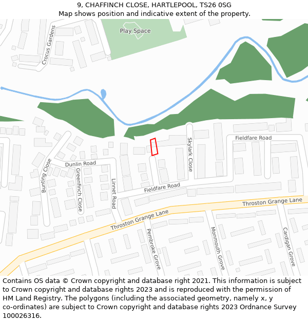 9, CHAFFINCH CLOSE, HARTLEPOOL, TS26 0SG: Location map and indicative extent of plot