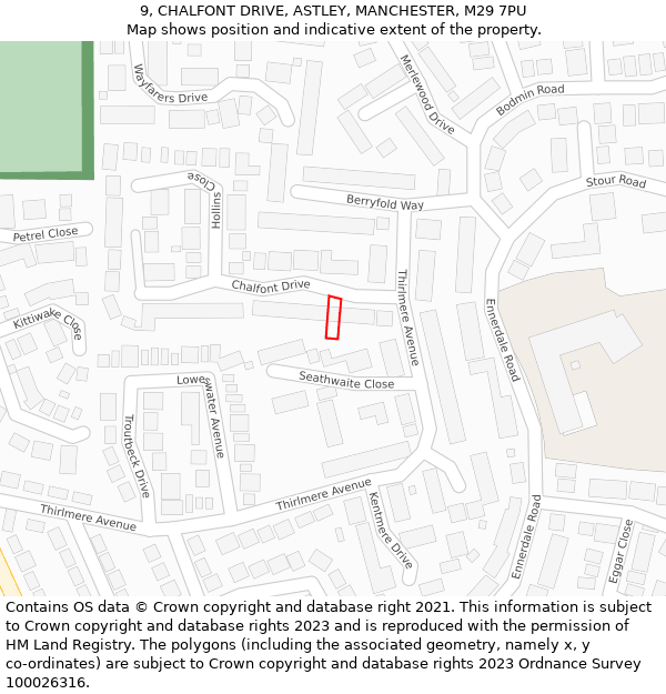 9, CHALFONT DRIVE, ASTLEY, MANCHESTER, M29 7PU: Location map and indicative extent of plot