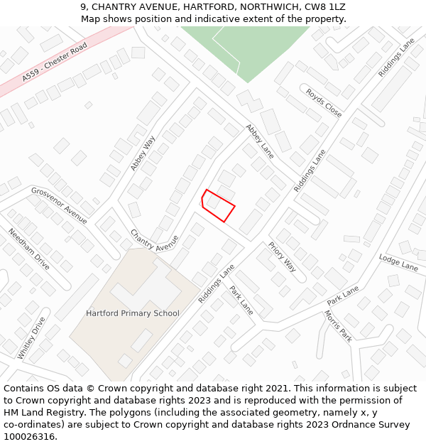 9, CHANTRY AVENUE, HARTFORD, NORTHWICH, CW8 1LZ: Location map and indicative extent of plot