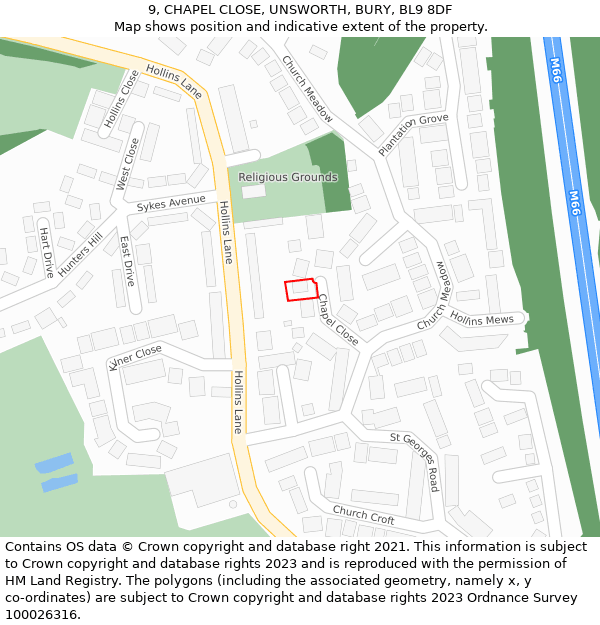 9, CHAPEL CLOSE, UNSWORTH, BURY, BL9 8DF: Location map and indicative extent of plot