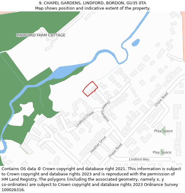 9, CHAPEL GARDENS, LINDFORD, BORDON, GU35 0TA: Location map and indicative extent of plot