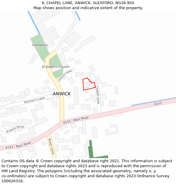 9, CHAPEL LANE, ANWICK, SLEAFORD, NG34 9SX: Location map and indicative extent of plot