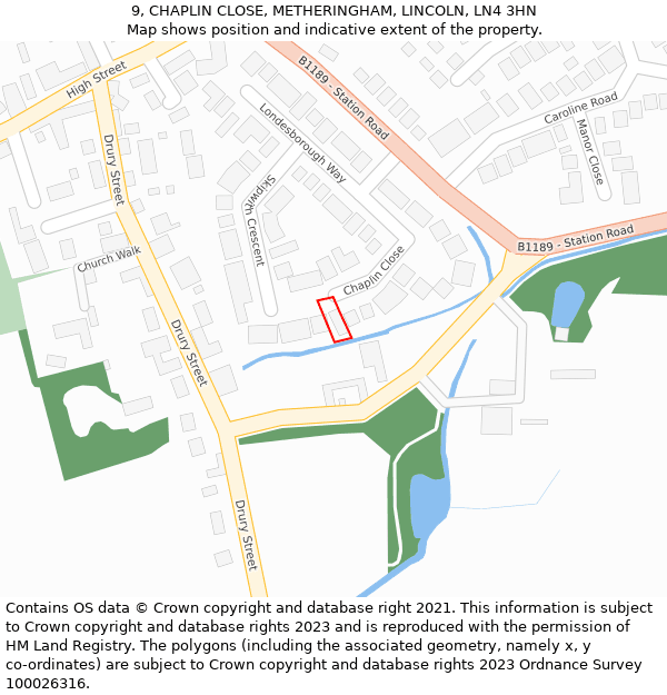 9, CHAPLIN CLOSE, METHERINGHAM, LINCOLN, LN4 3HN: Location map and indicative extent of plot