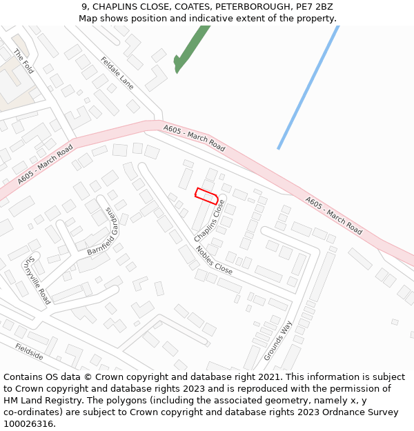 9, CHAPLINS CLOSE, COATES, PETERBOROUGH, PE7 2BZ: Location map and indicative extent of plot