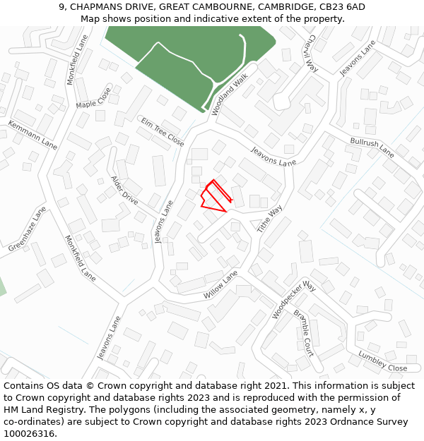 9, CHAPMANS DRIVE, GREAT CAMBOURNE, CAMBRIDGE, CB23 6AD: Location map and indicative extent of plot