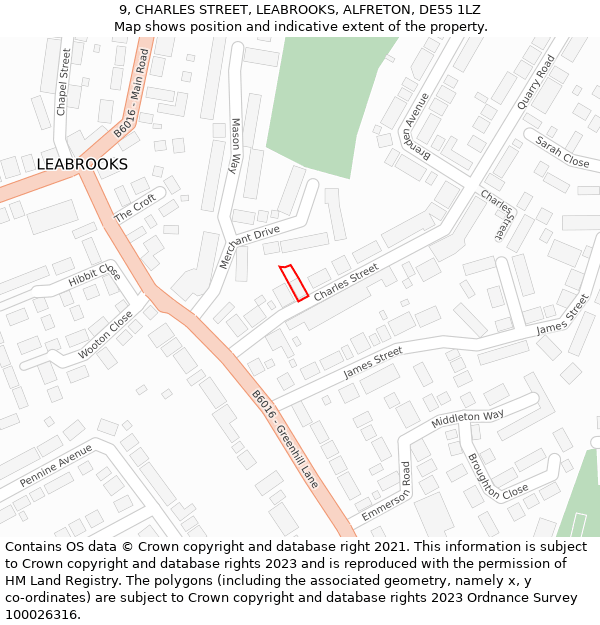 9, CHARLES STREET, LEABROOKS, ALFRETON, DE55 1LZ: Location map and indicative extent of plot