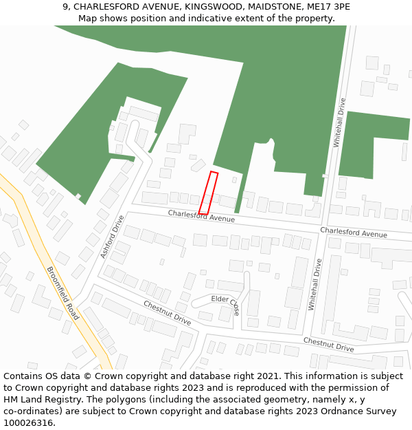 9, CHARLESFORD AVENUE, KINGSWOOD, MAIDSTONE, ME17 3PE: Location map and indicative extent of plot