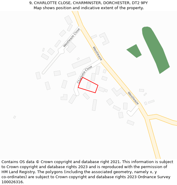 9, CHARLOTTE CLOSE, CHARMINSTER, DORCHESTER, DT2 9PY: Location map and indicative extent of plot