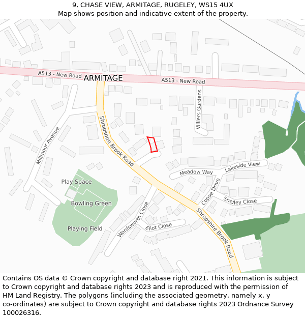 9, CHASE VIEW, ARMITAGE, RUGELEY, WS15 4UX: Location map and indicative extent of plot