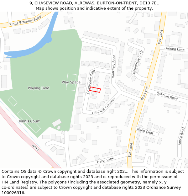 9, CHASEVIEW ROAD, ALREWAS, BURTON-ON-TRENT, DE13 7EL: Location map and indicative extent of plot