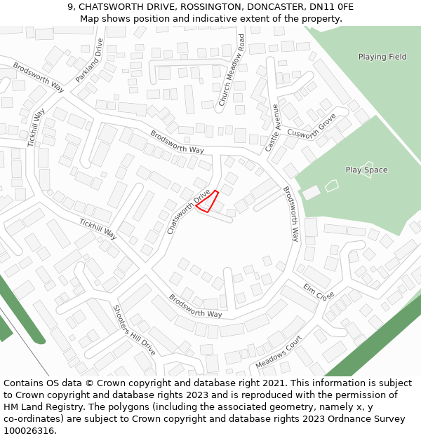 9, CHATSWORTH DRIVE, ROSSINGTON, DONCASTER, DN11 0FE: Location map and indicative extent of plot