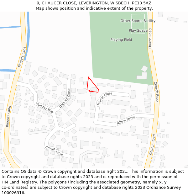 9, CHAUCER CLOSE, LEVERINGTON, WISBECH, PE13 5AZ: Location map and indicative extent of plot