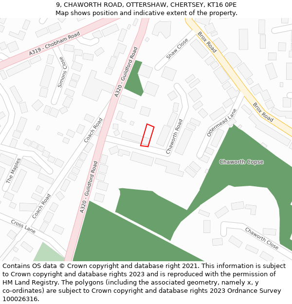 9, CHAWORTH ROAD, OTTERSHAW, CHERTSEY, KT16 0PE: Location map and indicative extent of plot