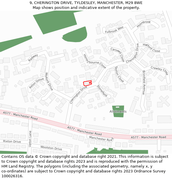 9, CHERINGTON DRIVE, TYLDESLEY, MANCHESTER, M29 8WE: Location map and indicative extent of plot