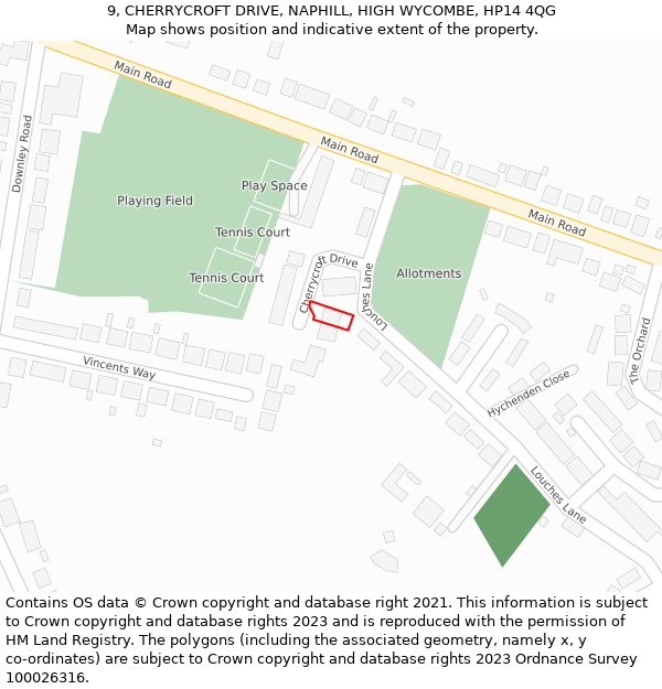 9, CHERRYCROFT DRIVE, NAPHILL, HIGH WYCOMBE, HP14 4QG: Location map and indicative extent of plot