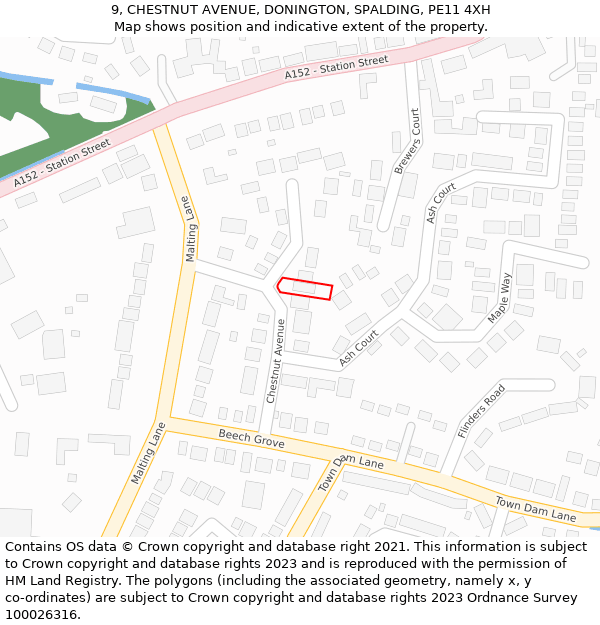 9, CHESTNUT AVENUE, DONINGTON, SPALDING, PE11 4XH: Location map and indicative extent of plot