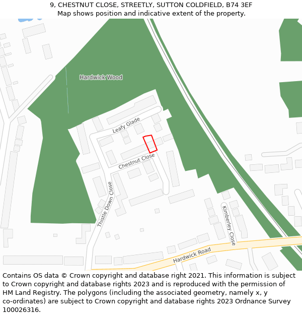 9, CHESTNUT CLOSE, STREETLY, SUTTON COLDFIELD, B74 3EF: Location map and indicative extent of plot