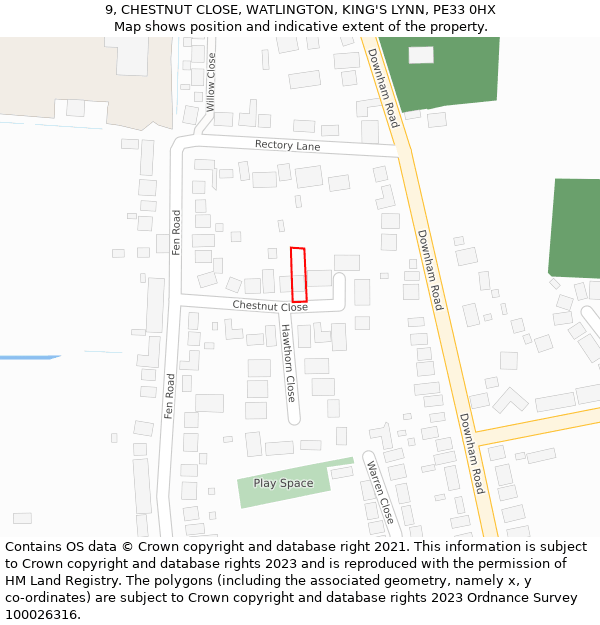 9, CHESTNUT CLOSE, WATLINGTON, KING'S LYNN, PE33 0HX: Location map and indicative extent of plot