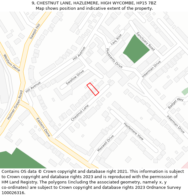 9, CHESTNUT LANE, HAZLEMERE, HIGH WYCOMBE, HP15 7BZ: Location map and indicative extent of plot
