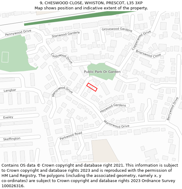 9, CHESWOOD CLOSE, WHISTON, PRESCOT, L35 3XP: Location map and indicative extent of plot